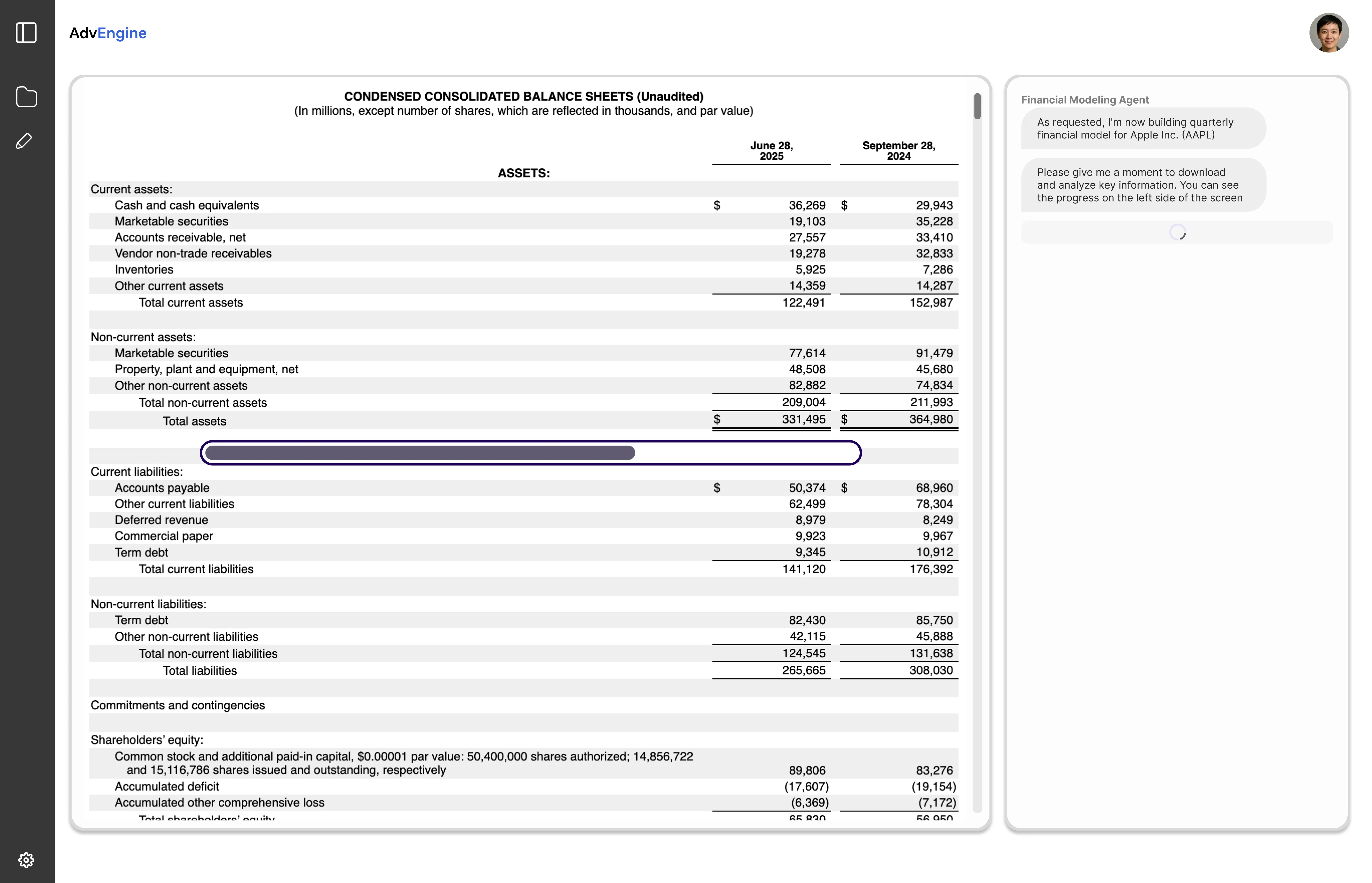 Financial Modeling Agent Demo Screen