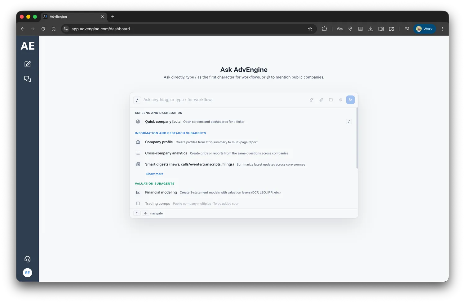AdvEngine dashboard in browser