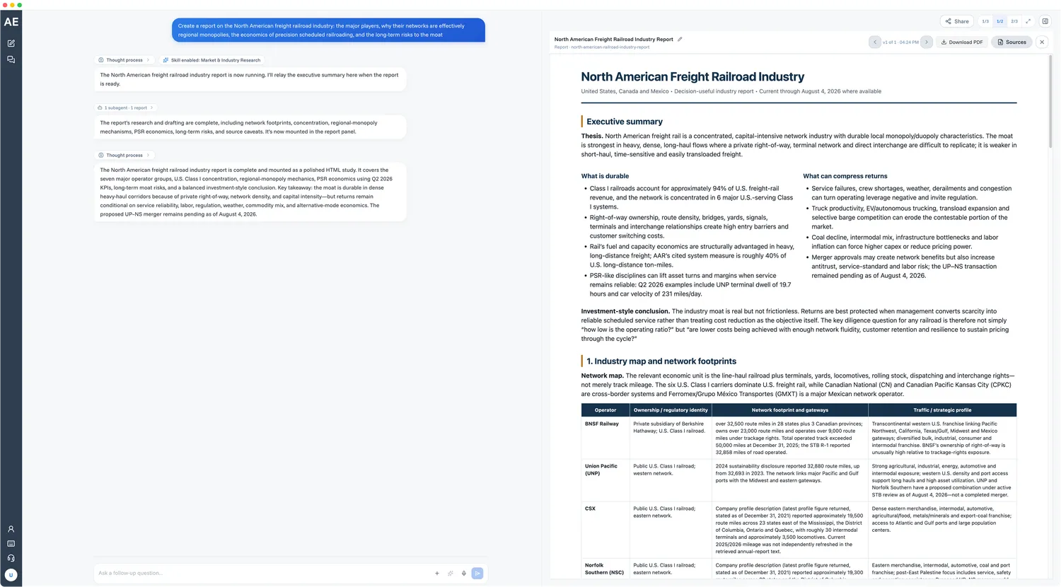 Information and Research chat with a downloadable freight railroad industry report in AdvEngine
