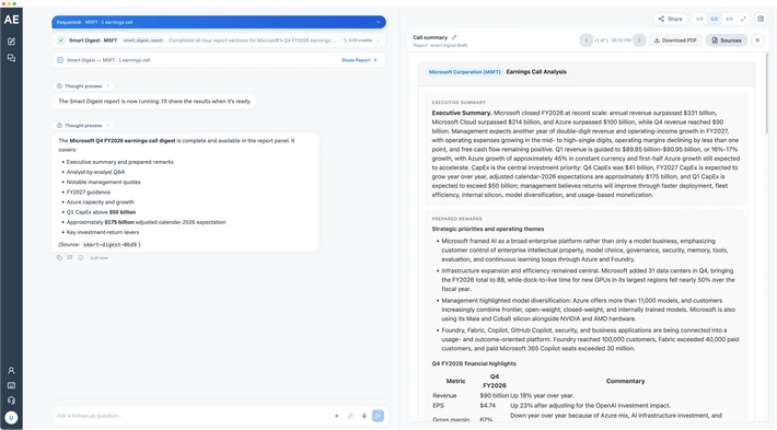 Information and Research chat summarizing a Microsoft earnings call in AdvEngine